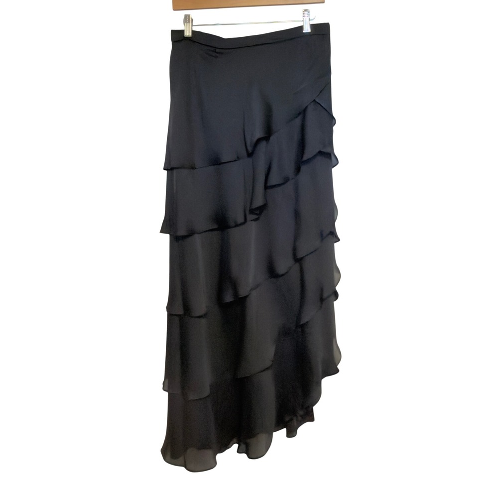 Xscape Joanna Chen Black Tiered Ruffle Asymmetrical Maxi Skirt Formal Sz. 10 NWT